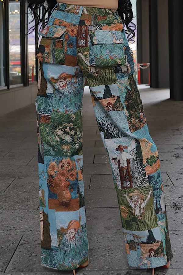 Lake Blue Casual Jacquard Pocket Straight Mid Waist Conventional Patchwork Bottoms