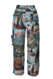 Yellow Casual Jacquard Pocket Straight Mid Waist Conventional Patchwork Bottoms