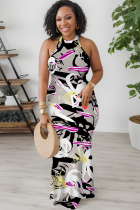 Grey Black Casual Print Patchwork O Neck Long Dresses