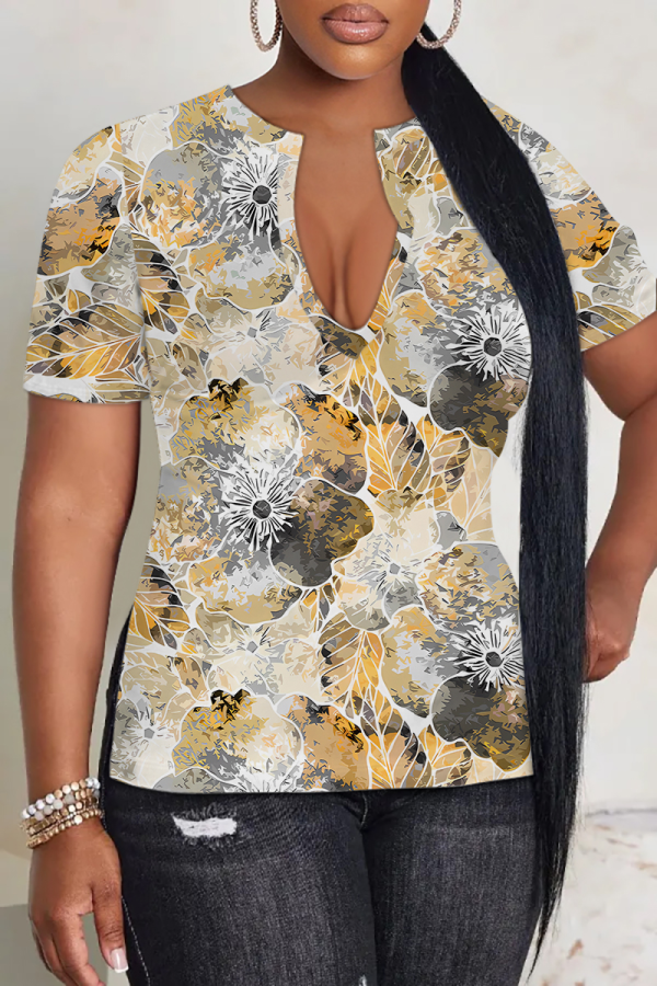 Light Yellow Casual Print Slit V Neck T-Shirts