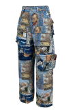 Yellow Casual Jacquard Pocket Straight Mid Waist Conventional Patchwork Bottoms