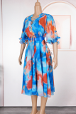 Blue Elegant Print Cross Straps With Belt Turndown Collar Long Plus Size Dresses