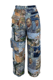 Yellow Casual Jacquard Pocket Straight Mid Waist Conventional Patchwork Bottoms