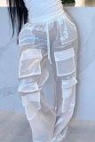 White Sexy Solid Color Draw String Pocket Loose Mid Waist Conventional Patchwork Bottoms
