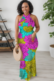 Peacock Blue Sexy Print Patchwork O Neck Long Dresses
