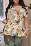 Light Yellow Casual Print Slit V Neck T-Shirts