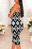 Black And White Sexy Print Patchwork Spaghetti Strap Wrapped Skirt Dresses