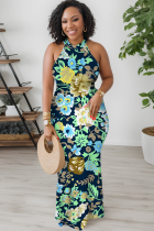 Turquoise Casual Print Patchwork O Neck Long Dresses
