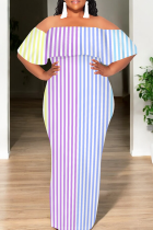Stripe Casual Print Patchwork Off Shoulder Long Dresses