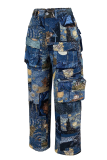 Yellow Casual Jacquard Pocket Straight Mid Waist Conventional Patchwork Bottoms