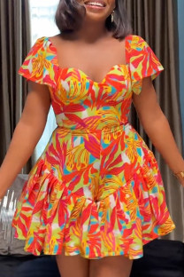 Orange Red Casual Daily Print Backless Zipper Square Neck Regular Romper