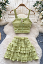 Green Vacation Solid Color Flounce Spaghetti Strap Sleeveless Two Pieces