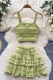 Green Vacation Solid Color Flounce Spaghetti Strap Sleeveless Two Pieces