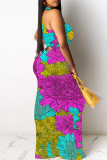 Peacock Blue Sexy Print Patchwork O Neck Long Dresses