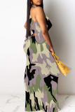 Black Green Casual Camouflage Print Patchwork O Neck Long Dresses