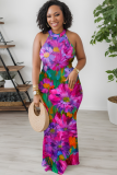 Peacock Blue Sexy Print Patchwork O Neck Long Dresses