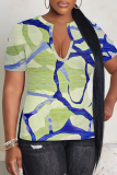 Light Yellow Casual Print Slit V Neck T-Shirts
