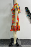 Orange Red Casual Daily Print Backless Zipper Square Neck Regular Romper