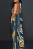 Light Purple Casual Print Backless Halter Loose Jumpsuits