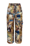 Yellow Casual Jacquard Pocket Straight Mid Waist Conventional Patchwork Bottoms