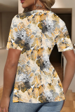 Light Yellow Casual Print Slit V Neck T-Shirts
