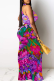 Peacock Blue Sexy Print Patchwork O Neck Long Dresses