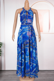 Yellow Sexy Print Slit Beading Zipper O Neck Long Plus Size Dresses