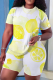 Lemon Yellow Casual Print Patchwork O Neck Short Sleeve Two Pieces
