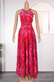 Yellow Sexy Print Slit Beading Zipper O Neck Long Plus Size Dresses
