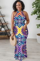 Blue Purple Casual Print Patchwork O Neck Long Dresses