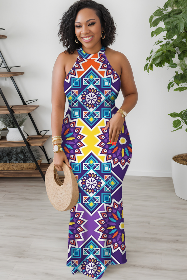 Blue Purple Casual Print Patchwork O Neck Long Dresses
