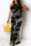 Black Green Casual Camouflage Print Patchwork O Neck Long Dresses