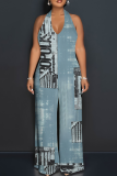 Light Purple Casual Print Backless Halter Loose Jumpsuits