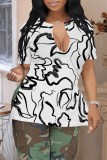 Light Yellow Casual Print Slit V Neck T-Shirts