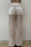 White Sexy Solid Color Draw String Pocket Loose Mid Waist Conventional Patchwork Bottoms