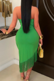 Green Sexy Solid Color Fringed Trim Halter Irregular Dresses