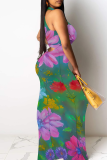 Peacock Blue Sexy Print Patchwork O Neck Long Dresses