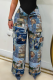 Light Blue Casual Jacquard Pocket Straight Mid Waist Conventional Patchwork Bottoms