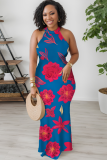 Peacock Blue Sexy Print Patchwork O Neck Long Dresses