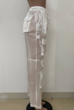 White Sexy Solid Color Draw String Pocket Loose Mid Waist Conventional Patchwork Bottoms