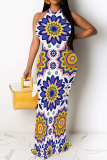Blue Purple Casual Print Patchwork O Neck Long Dresses