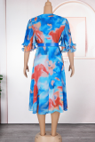 Blue Elegant Print Cross Straps With Belt Turndown Collar Long Plus Size Dresses
