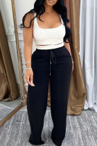 Black Casual Solid Color Draw String Square Neck Sleeveless Two Pieces