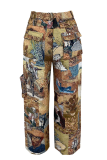 Yellow Casual Jacquard Pocket Straight Mid Waist Conventional Patchwork Bottoms