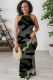 Gray Green Casual Camouflage Print Patchwork O Neck Long Dresses
