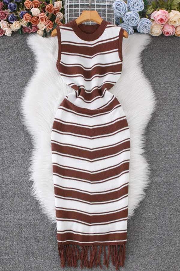 Coffee Elegant Stripe Fringed Trim O Neck Long Dresses