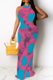Peacock Blue Sexy Print Patchwork O Neck Long Dresses