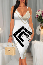 White Khaki Sexy Print Patchwork Spaghetti Strap Wrapped Skirt Dresses