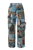 Yellow Casual Jacquard Pocket Straight Mid Waist Conventional Patchwork Bottoms
