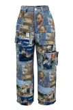 Yellow Casual Jacquard Pocket Straight Mid Waist Conventional Patchwork Bottoms